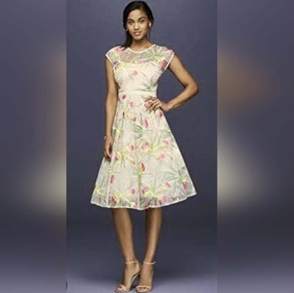 David's Bridal Pink and Green Flutter Sleeve Sundress